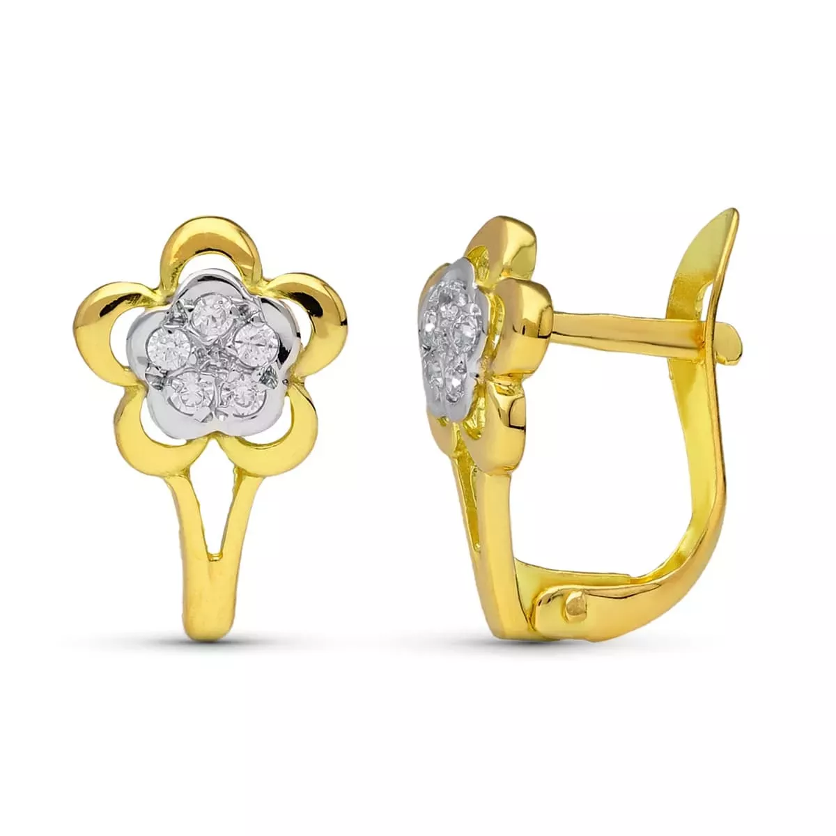 18K PENDIENTES ORO BICOLOR FLOR 12X8 MM CIERRE CATALAN 1