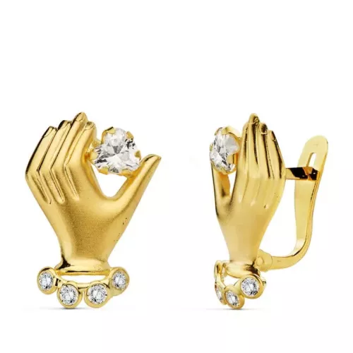 18K PENDIENTES ORO AMARILLO MANO Y CIRCONITA 17X11 MM CIERRE CATALAN 1