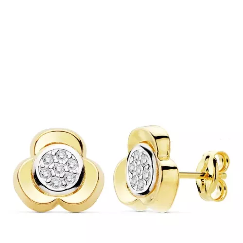 18K PENDIENTES ORO BICOLOR TREBOL CIRCONITA 10M CIERRE PRESION 0