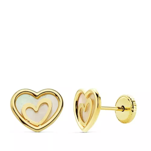 18K PENDIENTES ORO AMARILLO CORAZON NACAR 9X7 MM CIERRE TUERCA 0
