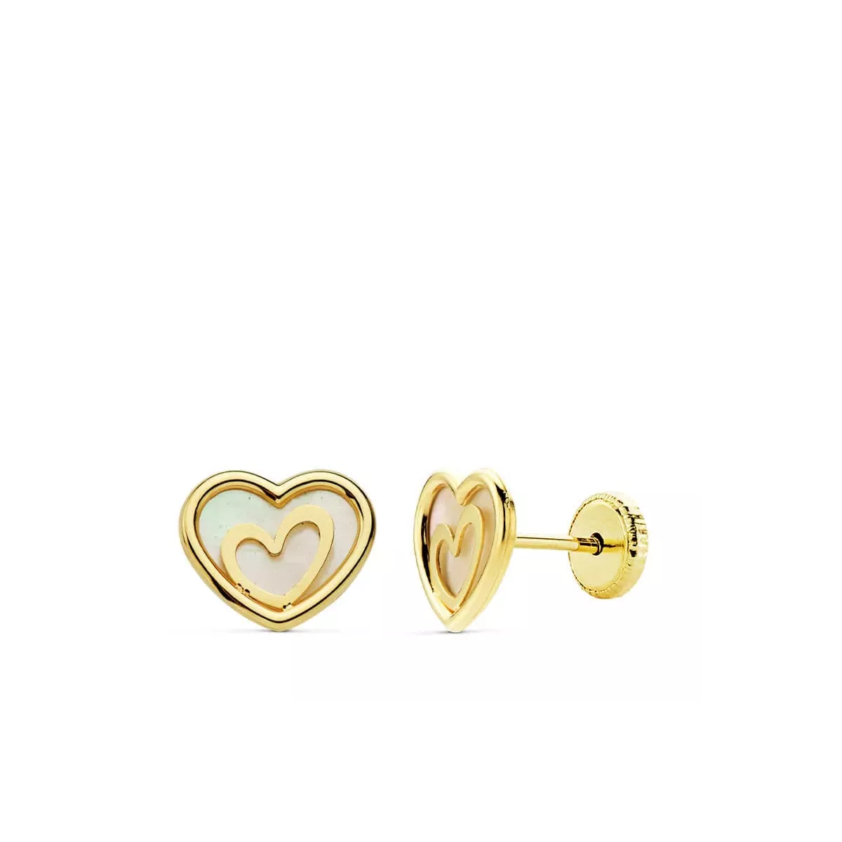 18K PENDIENTES ORO AMARILLO CORAZON NACAR 9X7 MM CIERRE TUERCA 0