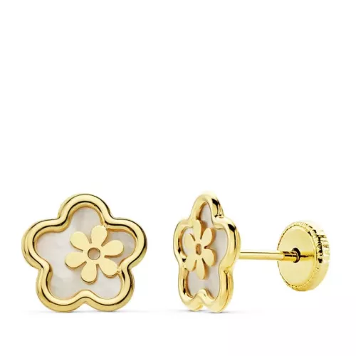 18K PENDIENTES ORO AMARILLO FLOR NACAR 8 MM TUERCA 0