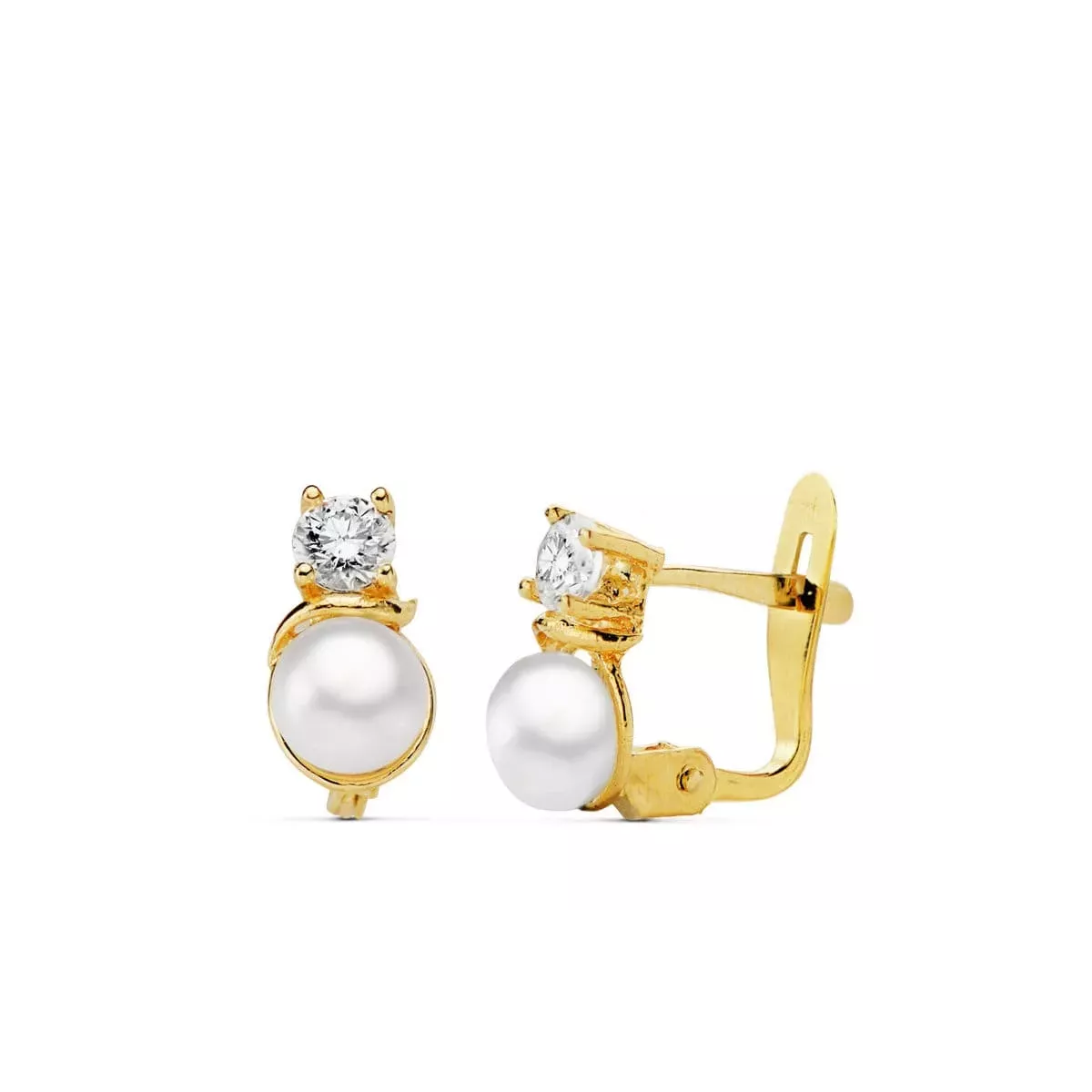 18K PENDIENTES OROA AMARILLO PERLA Y CIRCONITA 8X4 MM CIERRE CATALAN 1