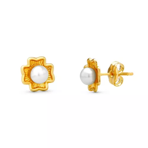 18K PENDIENTES ORO AMARILLO TREBOL PERLA 7X7 MM CIERRE PRESION 0