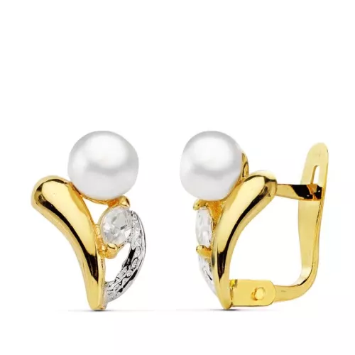 18K PENDIENTES ORO BICOLOR PERLA Y PIEDRA 11X8 MM CIERRE CATALAN 1,42gr