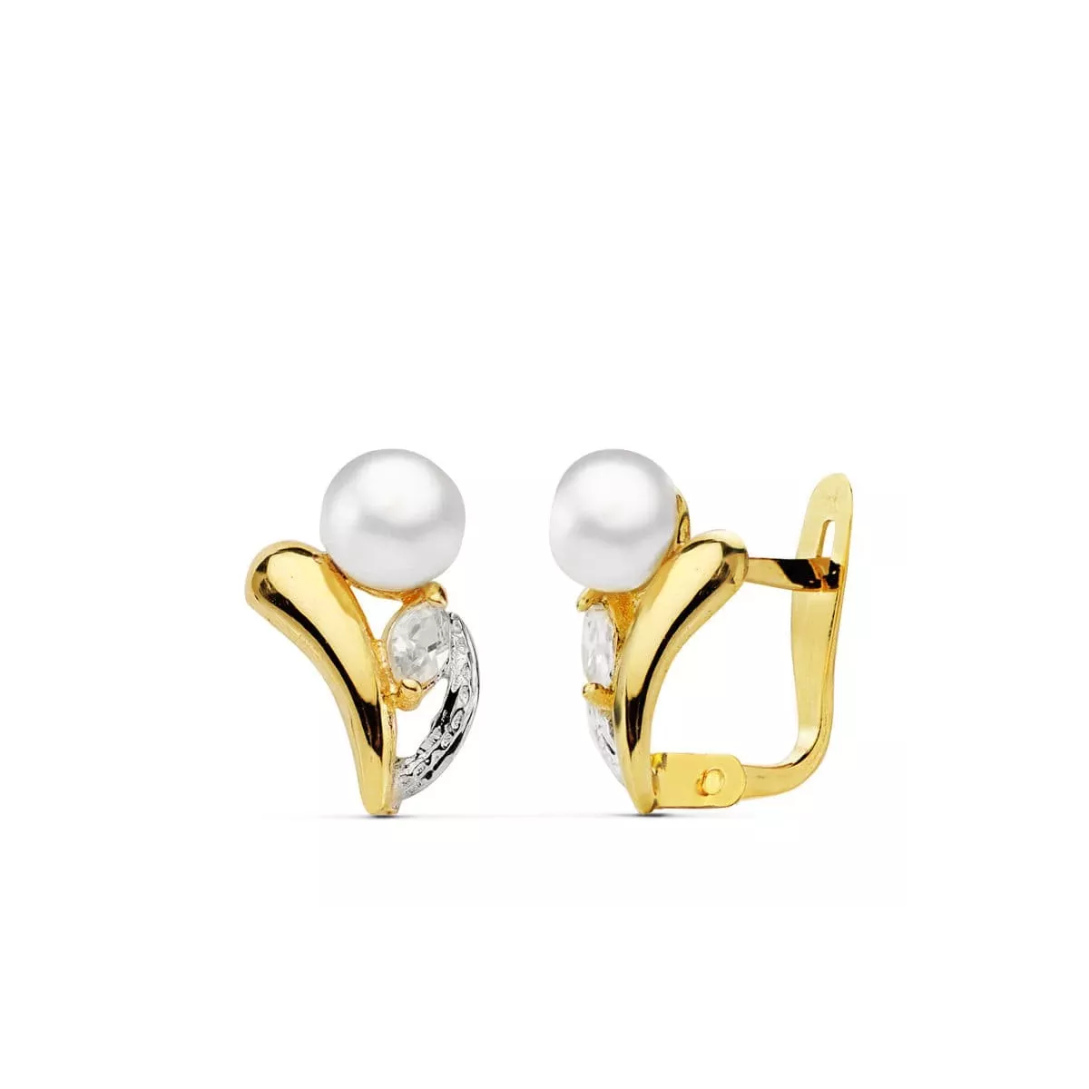 18K PENDIENTES ORO BICOLOR PERLA Y PIEDRA 11X8 MM CIERRE CATALAN 1