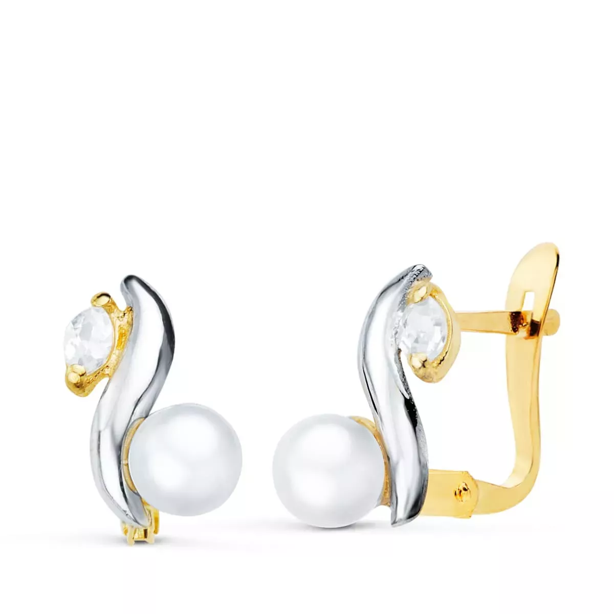 18K PENDIENTES ORO BICOLOR BANDAS Y PERLA DE 4.5 MM MEDIDA 10X7 MM CATALAN 1