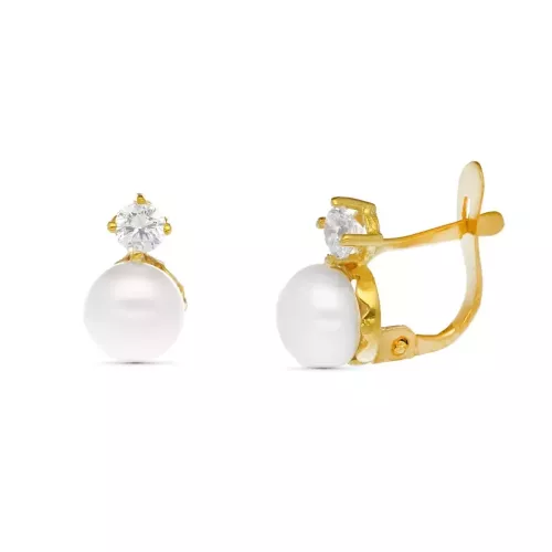 18K PENDIENTES ORO AMARILLO PERLA Y CIRCONITA 10X5 MM CIERRE CATALAN 1,16gr