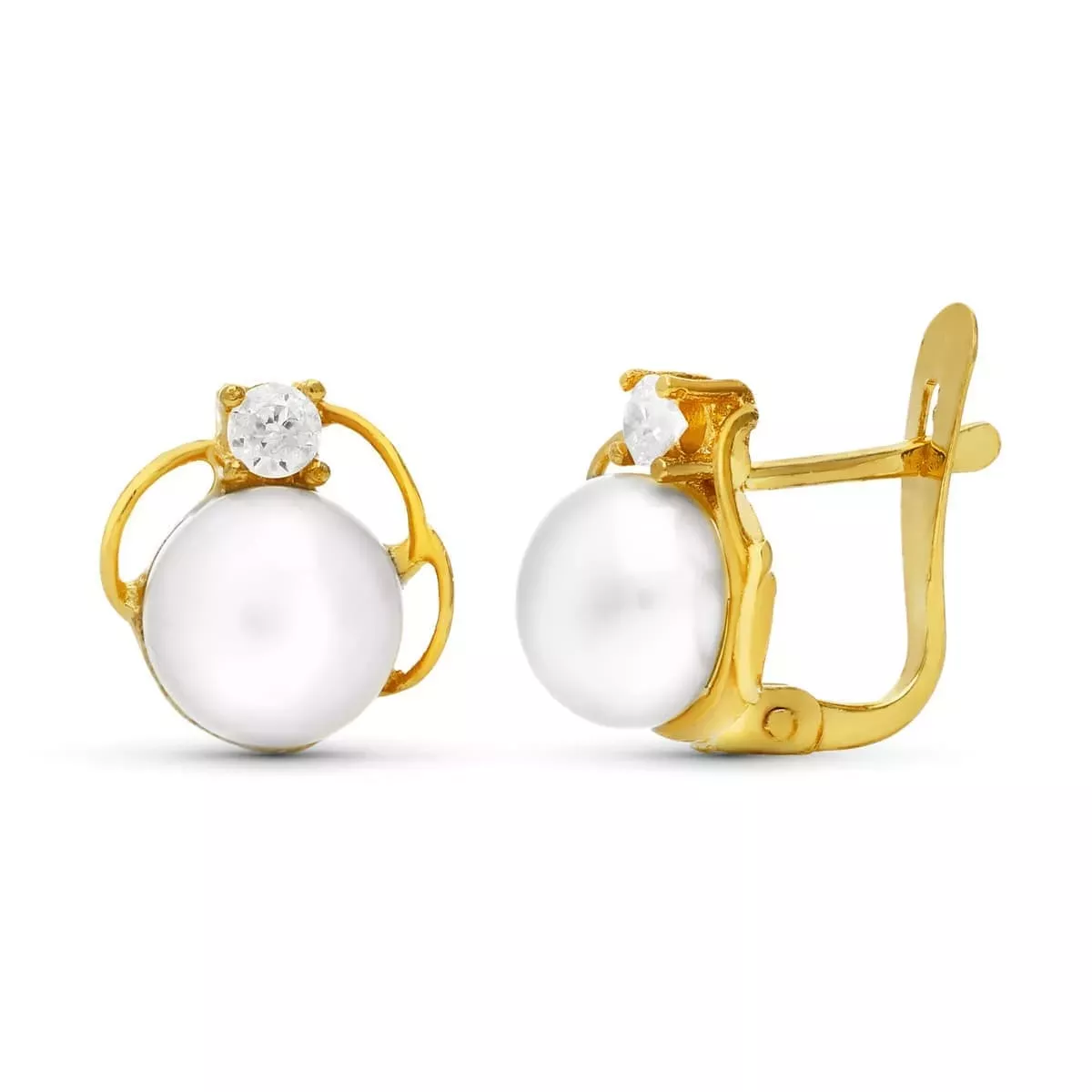 18K PENDIENTES ORO AMARILLO PERLA Y CIRCONITA 9X9 MM CIERRE CATALAN 1