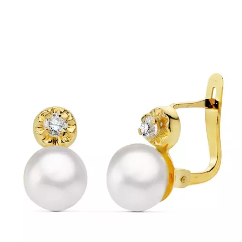 18K PENDIENTES ORO AMARILLO PERLA Y CIRCONITA 11X7 MM CIERRE CATALAN 1,00gr