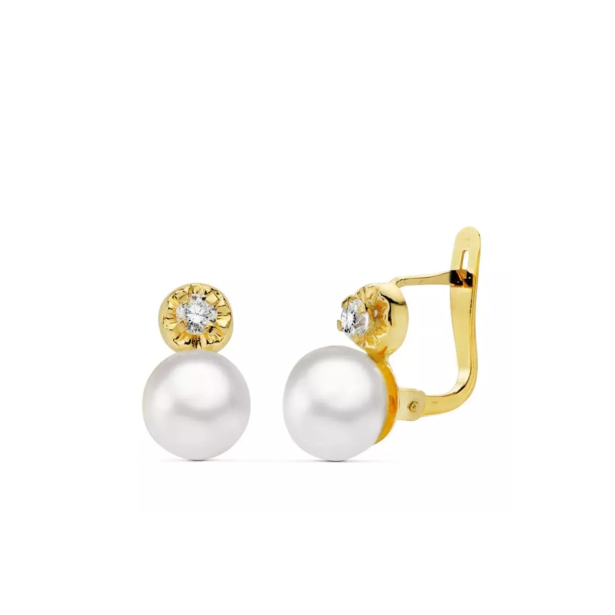 18K PENDIENTES ORO AMARILLO PERLA Y CIRCONITA 11X7 MM CIERRE CATALAN 1