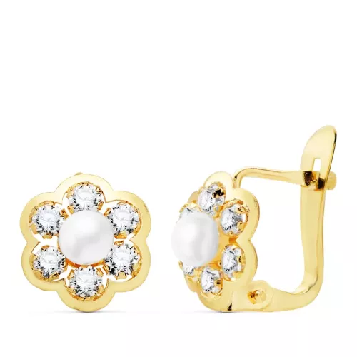 18K PENDIENTES ORO AMARILLO FLOR CON CIRCONITA Y PERLA 8X8 MM CATALAN 1,04gr