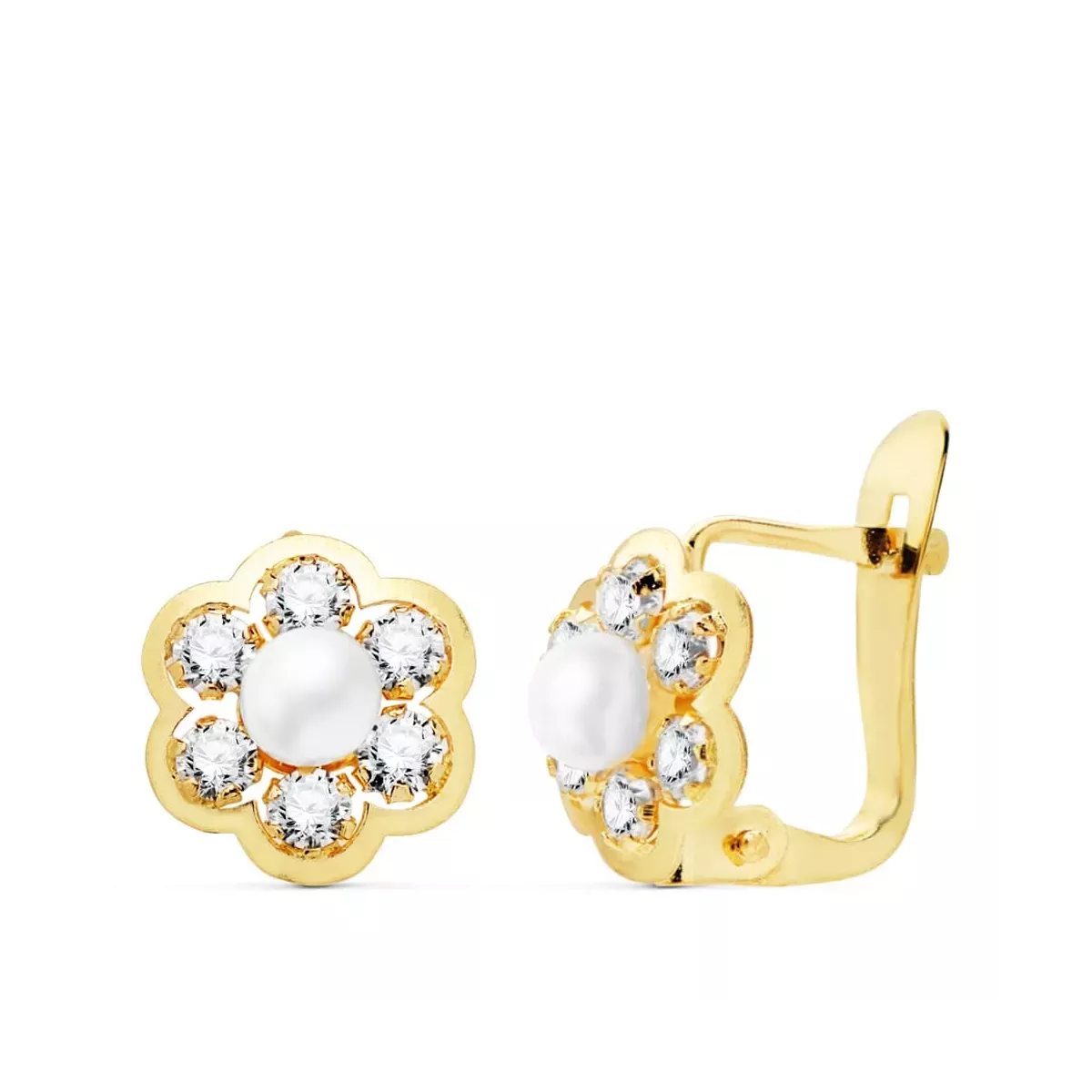 18K PENDIENTES ORO AMARILLO FLOR CON CIRCONITA Y PERLA 8X8 MM CATALAN 1