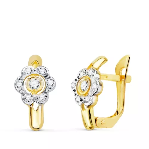 18K PENDIENTES ORO BICOLOR FLOR CON CIRCONITA 12X6 MM CIERRE CATALAN 1