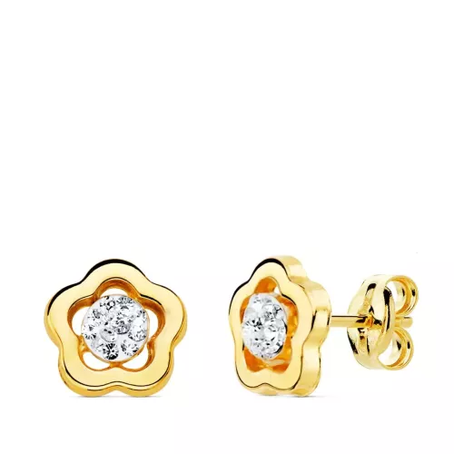 18K PENDIENTES ORO AMARILLO FLOR Y CIRCONITA 8X8 MM PRESION 0