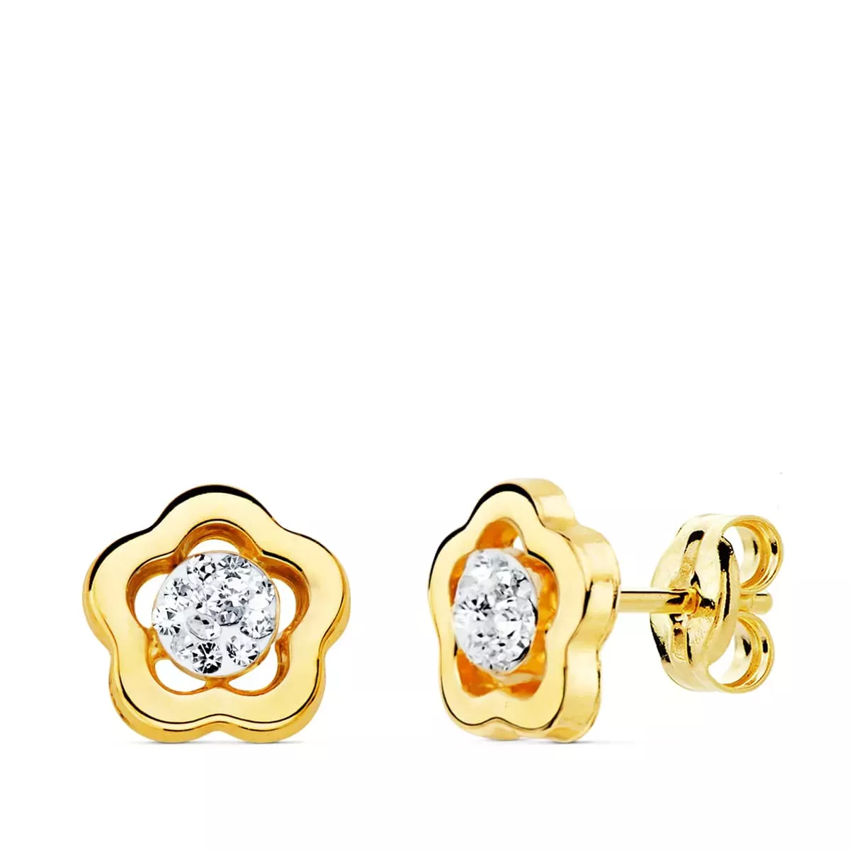 18K PENDIENTES ORO AMARILLO FLOR Y CIRCONITA 8X8 MM PRESION 0