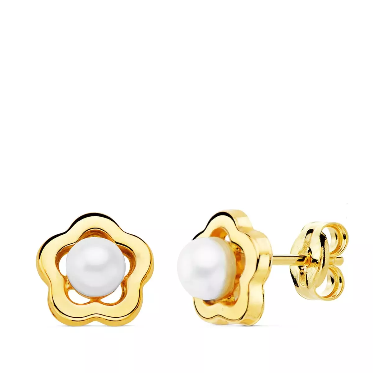 18K PENDIENTES ORO AMARILLO FLOR 8X8 MM PERLAS 4 MM PRESION 0