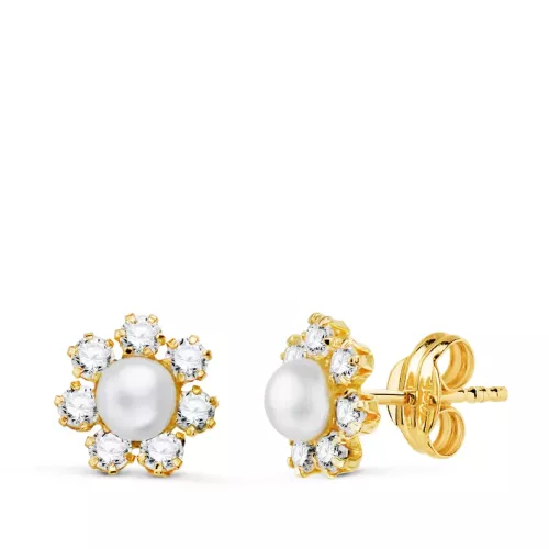 18K PENDIENTES ORO AMARILLO CON CIRCONITAS Y PERLA DE 4 MM. MEDIDA: 9X9 MM. CIERRE PRESION 1