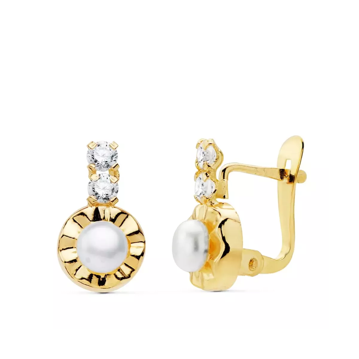 18K PENDIENTES ORO AMARILLO CIRCONITA 12X7 MM PERLAS 4 MM CIERRE CATALAN 1