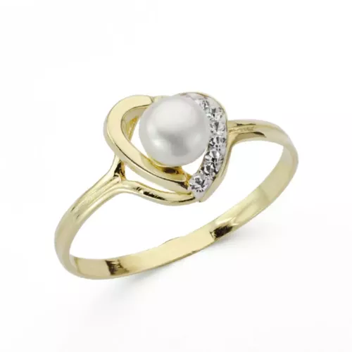 9K SORTIJA ORO AMARILLO CORAZON CON PERLA Y CIRCONITAS. ANCHO: 9
