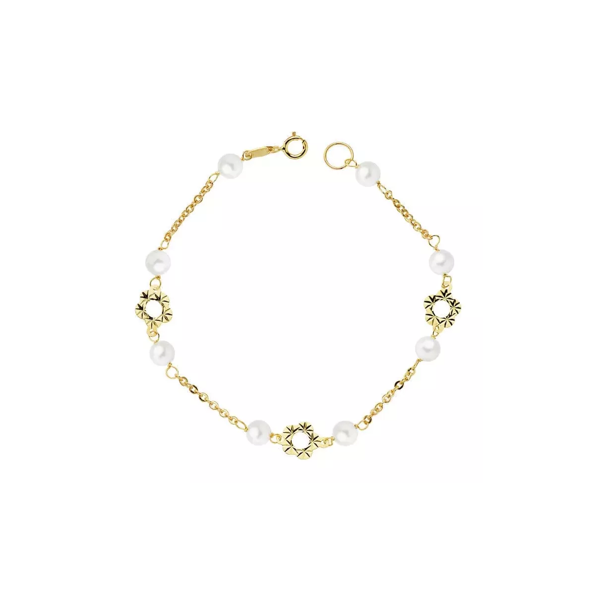 18K PULSERA ORO AMARILLO FLOR Y PERLAS 5 MM 18CM 1
