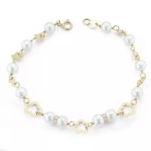 18K PULSERA COMUNION ORO AMARILLO PERLA 5.5 MM 17.5 MM 1