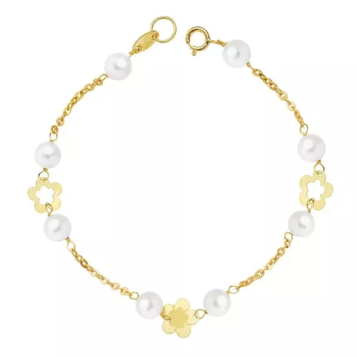 18K PULSERA ORO AMARILLO PERLA Y FLORES 17CM 1