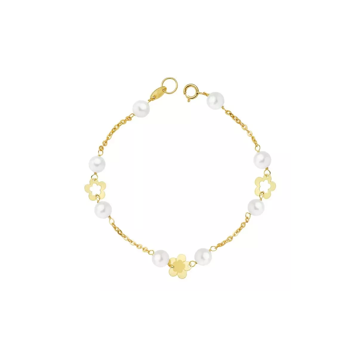 18K PULSERA ORO AMARILLO PERLA Y FLORES 17CM 1