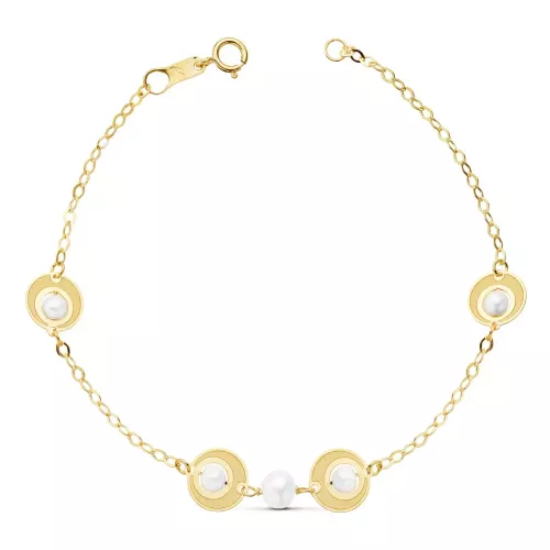 18K PULSERA ORO AMARILLO COMUNION PERLAS Y MOTIVOS. 18CM 1