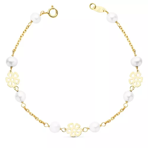 18K PULSERA ORO AMARILLO COMUNION FLORES CALADAS 17CM 1