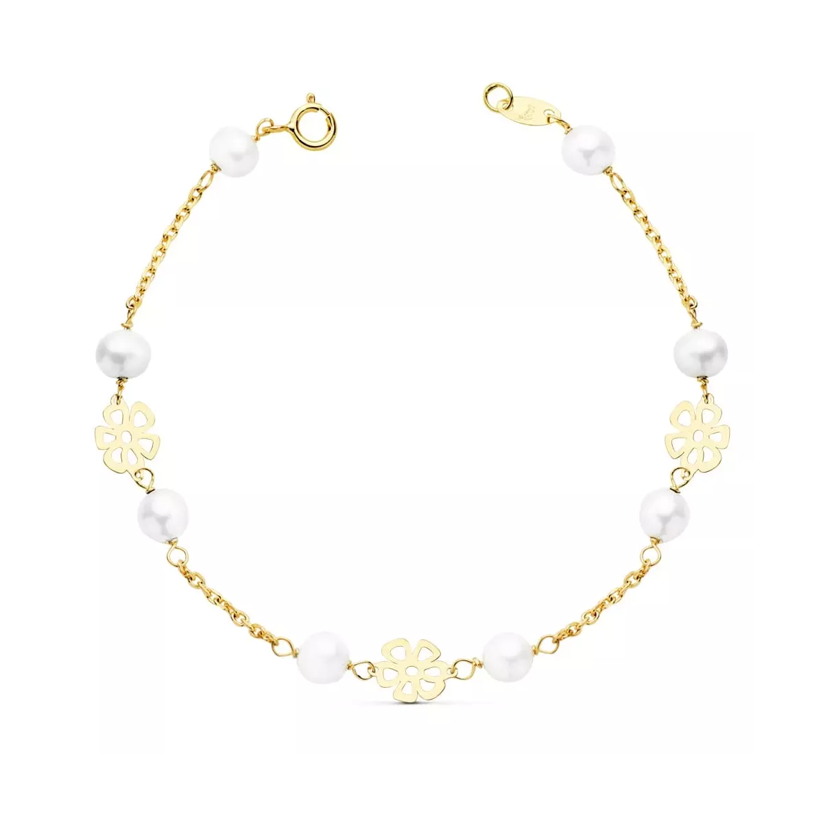 18K PULSERA ORO AMARILLO COMUNION FLORES CALADAS 17CM 1
