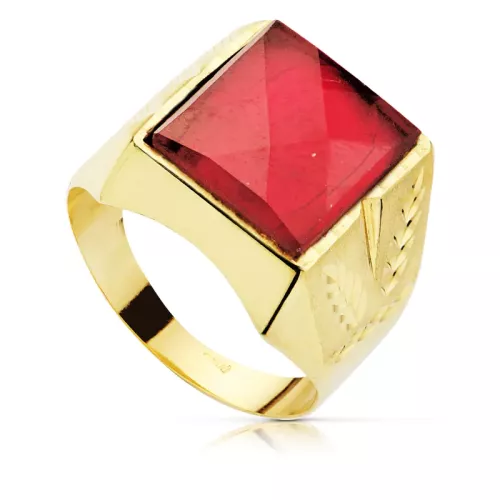 9K SELLO ORO AMARILLO HUECO CABALLERO LATERALES TALLADOS PIEDRA ROJA 13