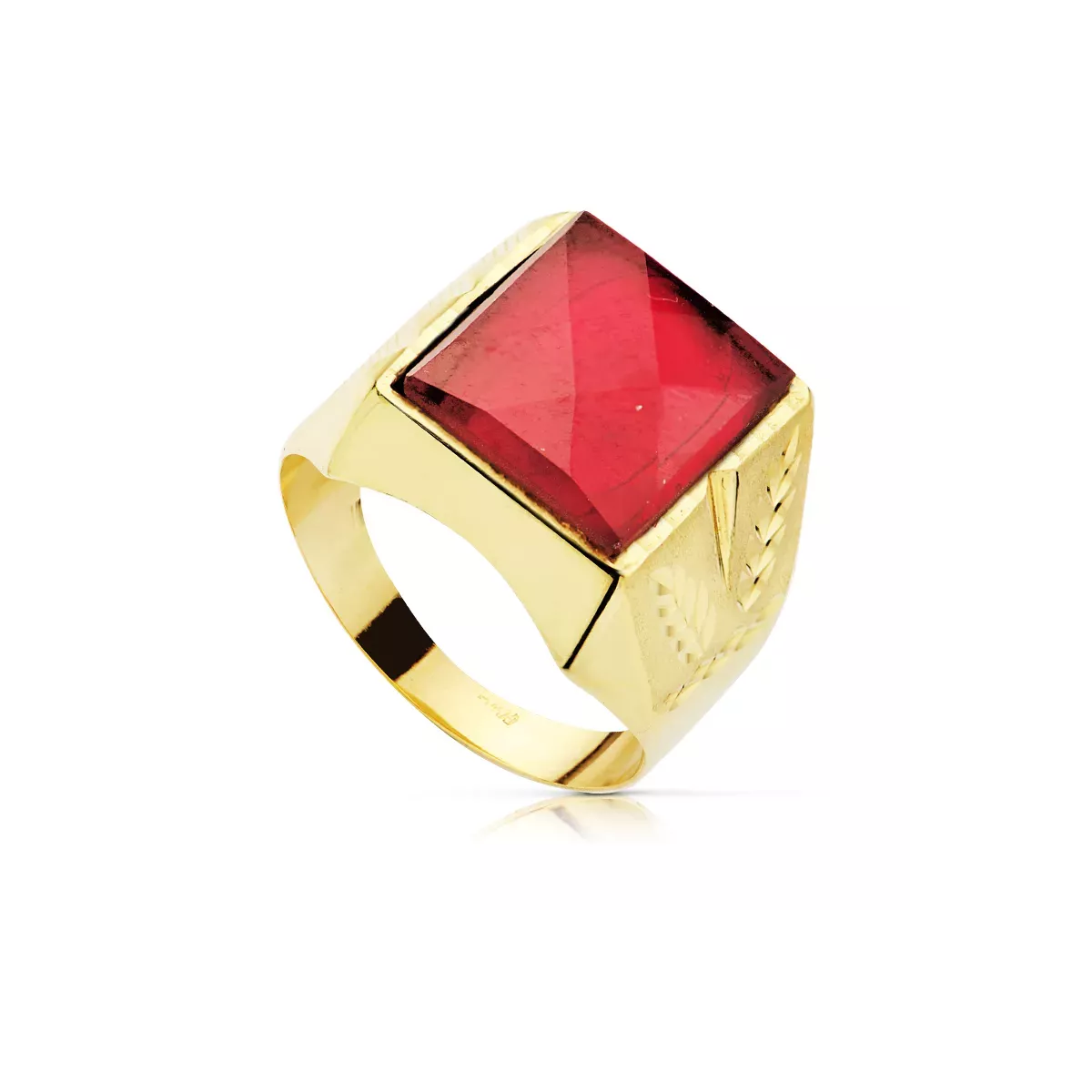 9K SELLO ORO AMARILLO HUECO CABALLERO LATERALES TALLADOS PIEDRA ROJA 13