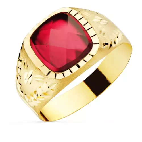 9K SELLO ORO AMARILLO CON PIEDRA RUBI SPINEL 9X9 MM LATERAL TALLADO 2
