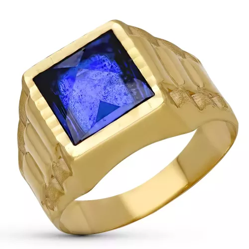 9K SELLO ORO AMARILLO HUECO CABALLERO PIEDRA AZUL 9MM 3