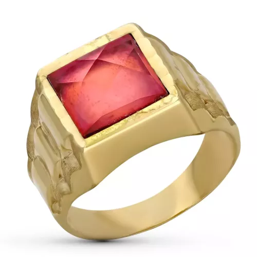 9K SELLO ORO AMARILLO HUECO CABALLERO PIEDRA ROJA 9MM 3