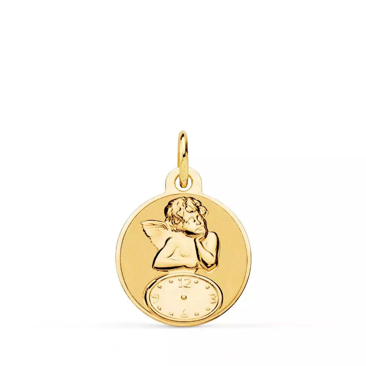 9K MEDALLA ORO AMARILLO REDONDA ANGELITO BURLON CON RELOJ BRILLO Y MATE 15 MM 0