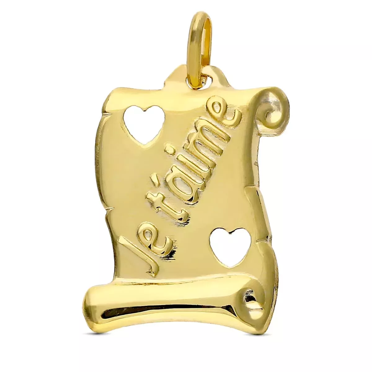 9K PERGAMINO ORO AMARILLO CORAZONES CALADOS "JE T´AIME" 17X14 MM 0