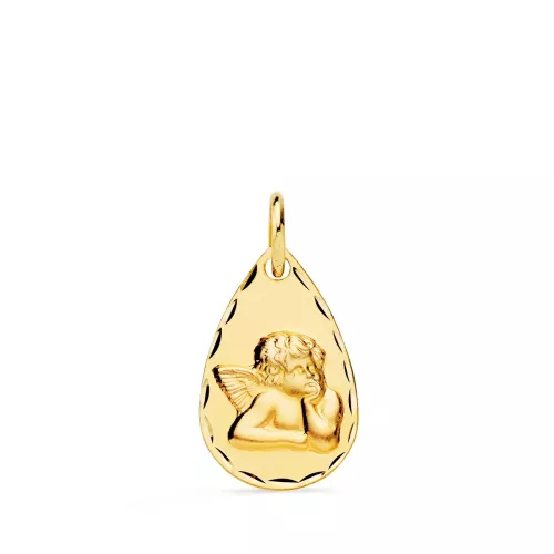 9K MEDALLA ORO AMARILLO GOTA ANGELITO BURLON TALLADA 19 X 11 MM 1