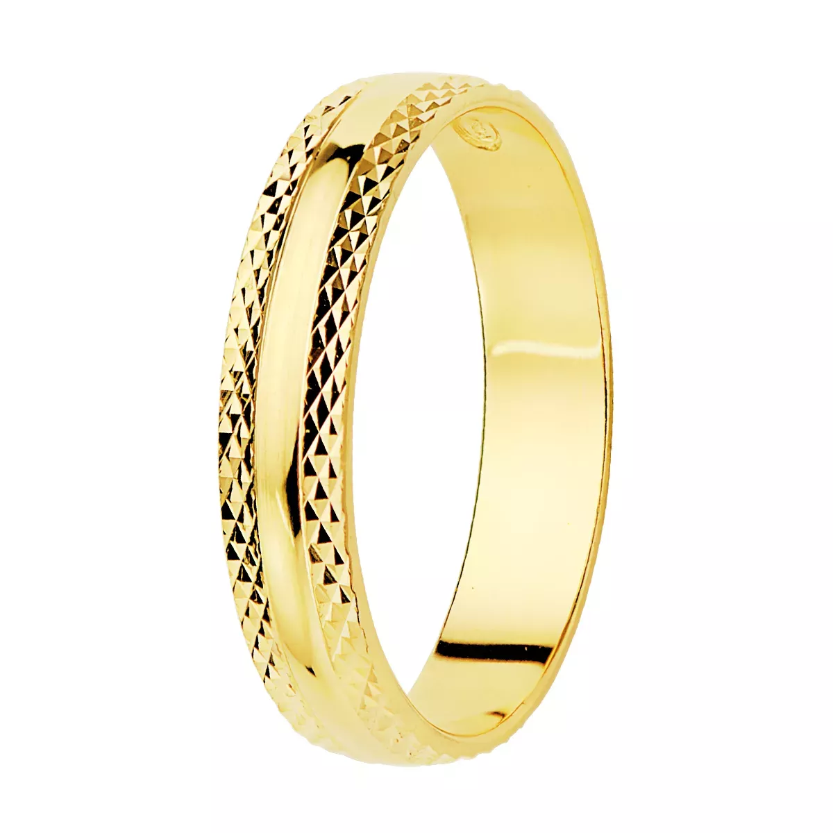 18K ALIANZA ORO AMARILLO BRILLO Y BORDES TALLADOS. ANCHO 4 MM 2