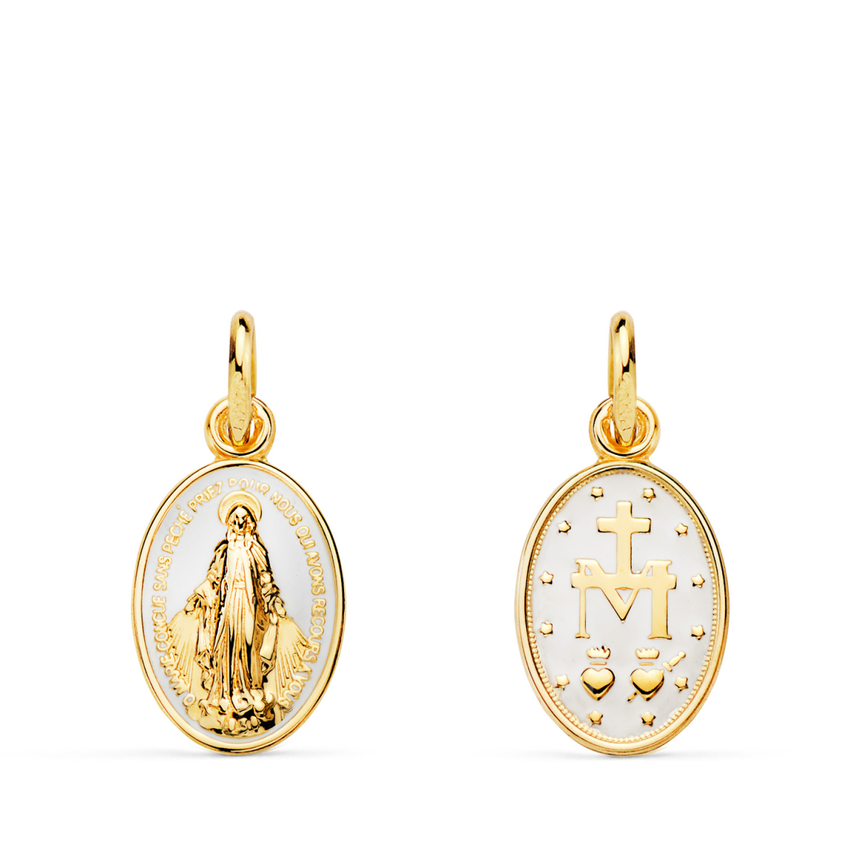 18K MEDALLA ORO AMARILLO VIRGEN MILAGROSA OVAL ESMALTE BLANCO. MEDIDA: 16 X 10 MM 0
