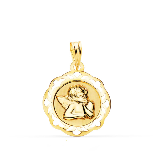 18K MEDALLA ORO AMARILLO ANGELITO BURLON BRILLO CON CERCO CALADO 17X17 MM 0