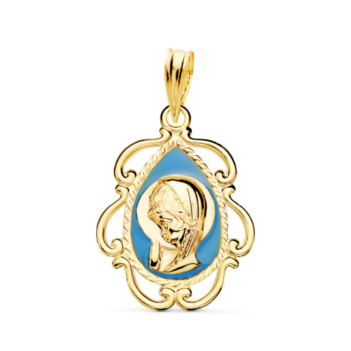 18K MEDALLA ORO AMARILLO VIRGEN NIÑA ESMALTE AZUL Y CERCO CALADO EN BRILLO 22X16 MM 0