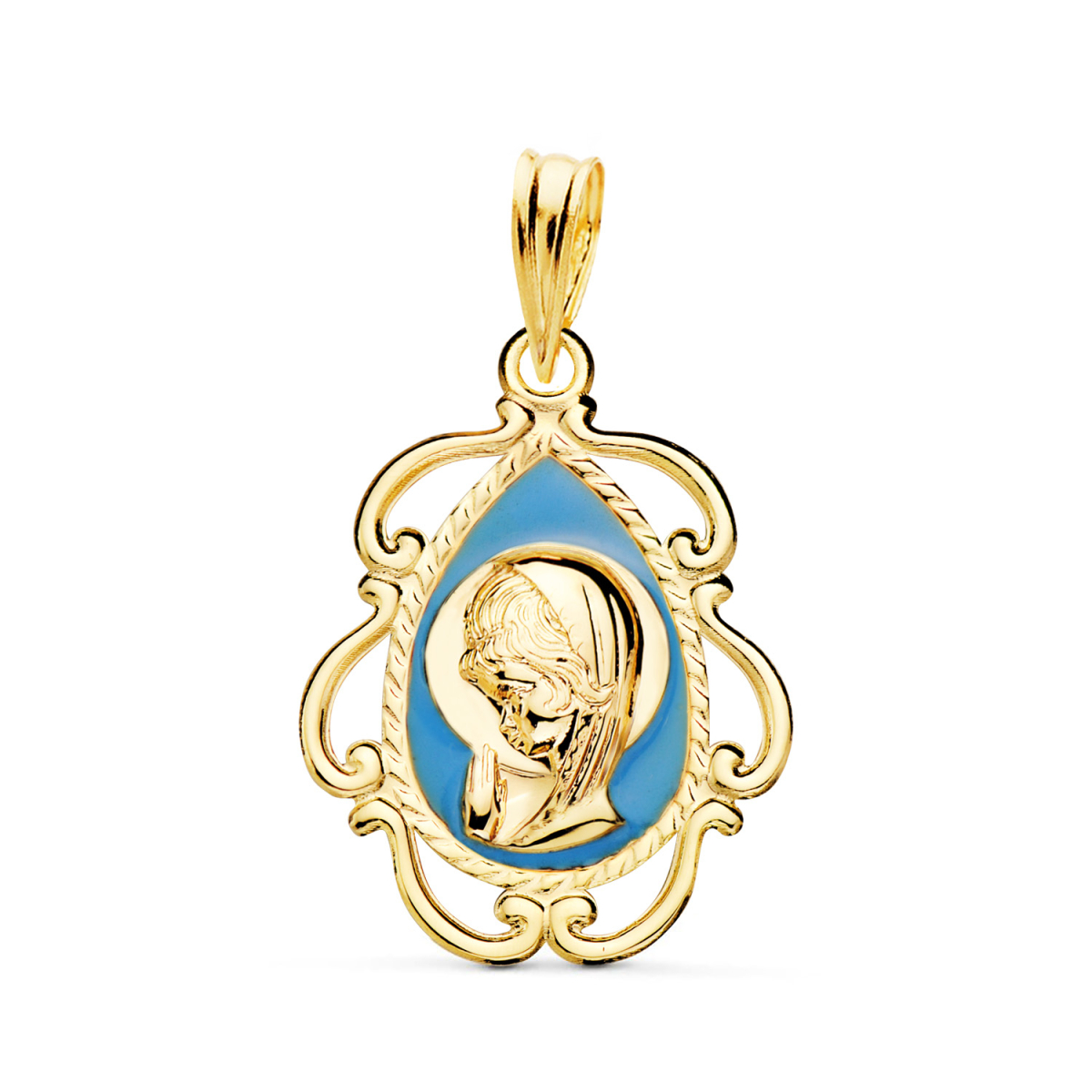 18K MEDALLA ORO AMARILLO VIRGEN NIÑA ESMALTE AZUL Y CERCO CALADO EN BRILLO 22X16 MM 0