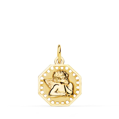 18K MEDALLA ORO AMARILLO OCTOGONAL ANGELITO BURLON BRILLO Y MATE 14X14 MM 0