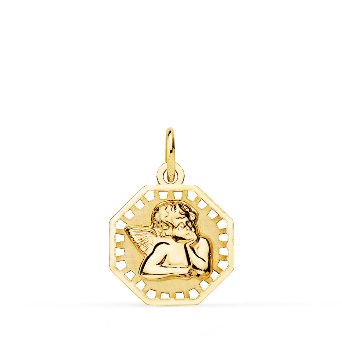 18K MEDALLA ORO AMARILLO OCTOGONAL ANGELITO BURLON BRILLO Y MATE 14X14 MM 0