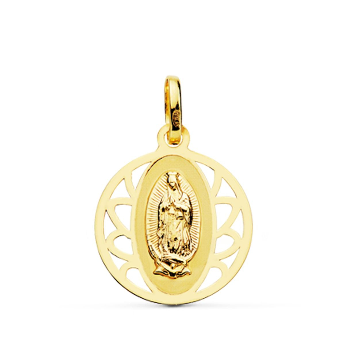 18K MEDALLA ORO AMARILLO VIRGEN GUADALUPE CERCO REDONDO 16 MM 1