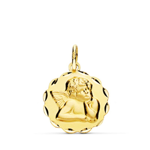 18K MEDALLA ORO AMARILLO ANGELITO BURLON ARCOS TALLADOS 14 MM LIGERO 1