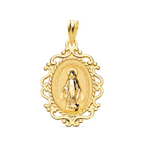 18K MEDALLA ORO AMARILLO VIRGEN MILAGROSA CERCO FILIGRANA EN BRILLO FRANCES 23 X 16 MM 1