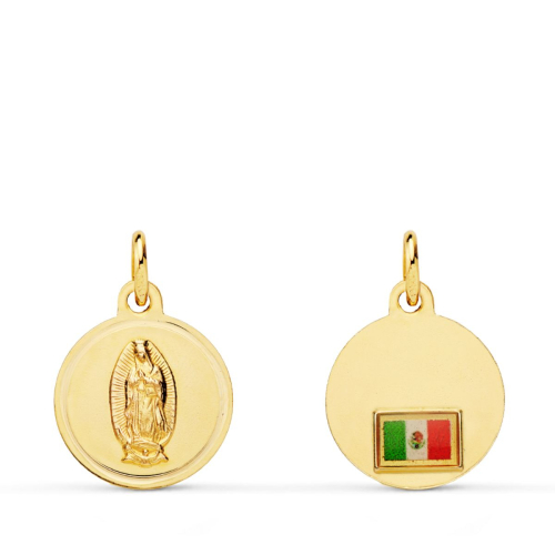 18K MEDALLA ORO AMARILLO VIRGEN DE GUADALUPE CON BANDERA EN BISEL 16 MM 1